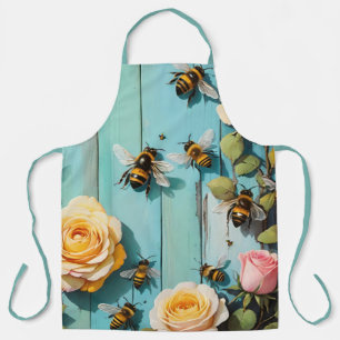 Fleißige Bienen mit rosa und gelben Rosen auf alte Schürze
