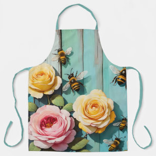 Fleißige Bienen mit rosa und gelben Rosen auf alte Schürze