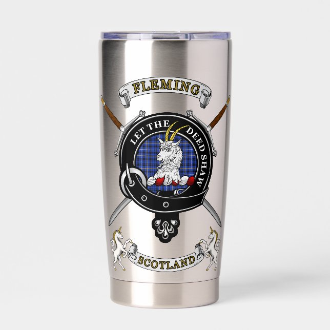 Fleming Clan Abzeichen Tartan & Schwerter Thermobecher (Vorderseite)