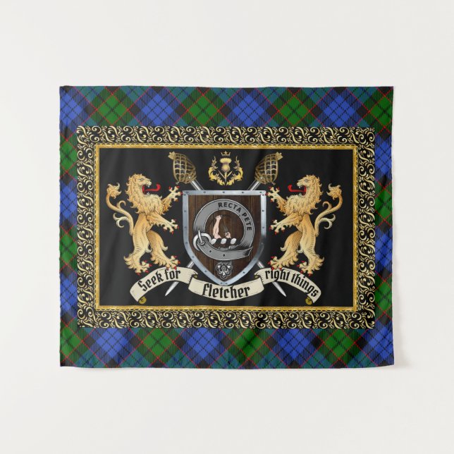 Fletcher Clan Abzeichen & Motto mit Löwen Wandteppich (Vorderseite (Horizontal))