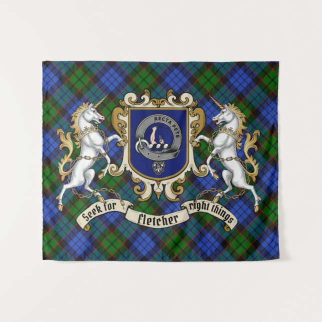 Fletcher Clan Abzeichen & Unicorns mit Tartan Wandteppich (Vorderseite (Horizontal))