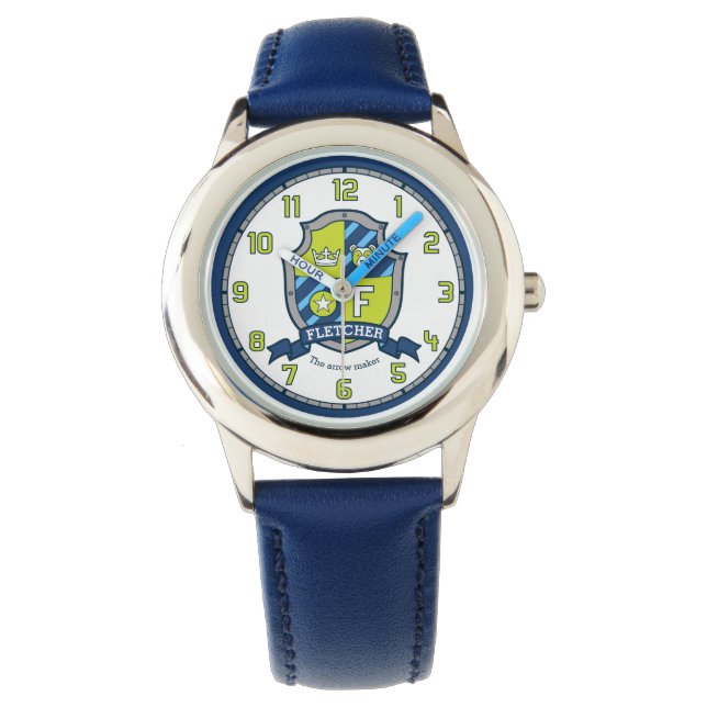 Fletcher Name bedeutet Buchstabe F Wappen blau Armbanduhr (Vorderseite)