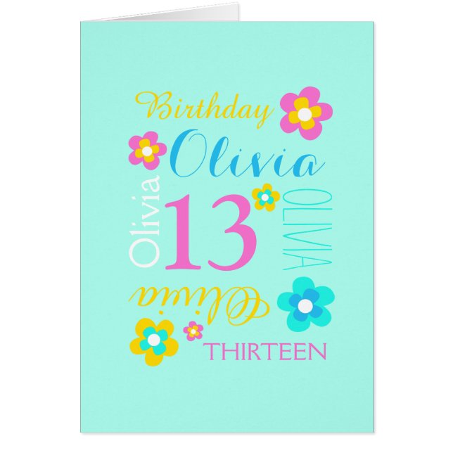 Fleur 13e anniversaire personnalisé aqua jaune ros (Devant)
