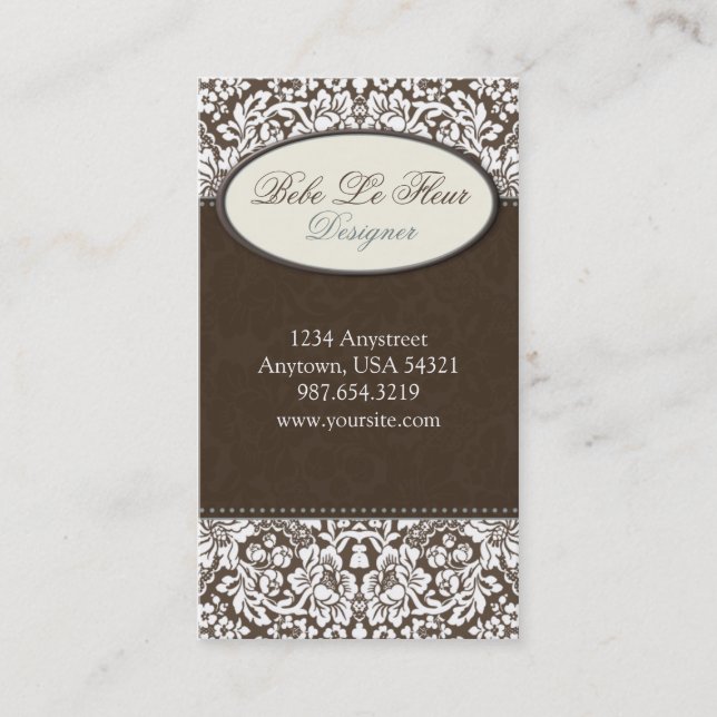 Fleur #1C Chic Brown Damask Carte de visite (Devant)