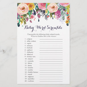 Fleur Baby shower Word Scramble Cartes de jeu