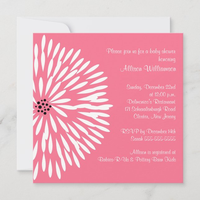 Fleur blanche sur Invitation Baby shower rose (Devant)