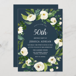 Fleur blanche turquoise Invitation 50e anniversair