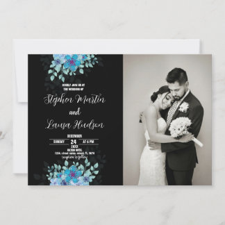 Fleur Bleue Black Wedding Invitations avec photo