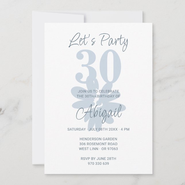 Fleur bleue moderne 30e anniversaire Invitation (Devant)