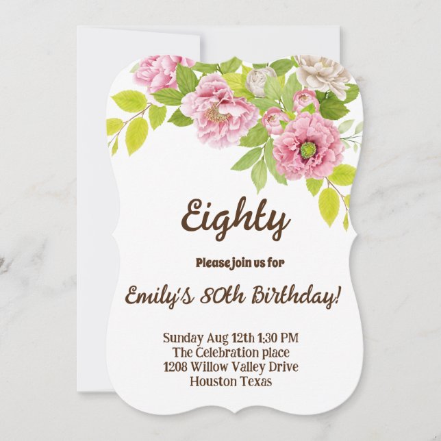 Fleur d'aquarelle rose 80e anniversaire invitation (Devant)