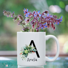 Fleur d'aquarelle verte monogramme blanc tasse de 
