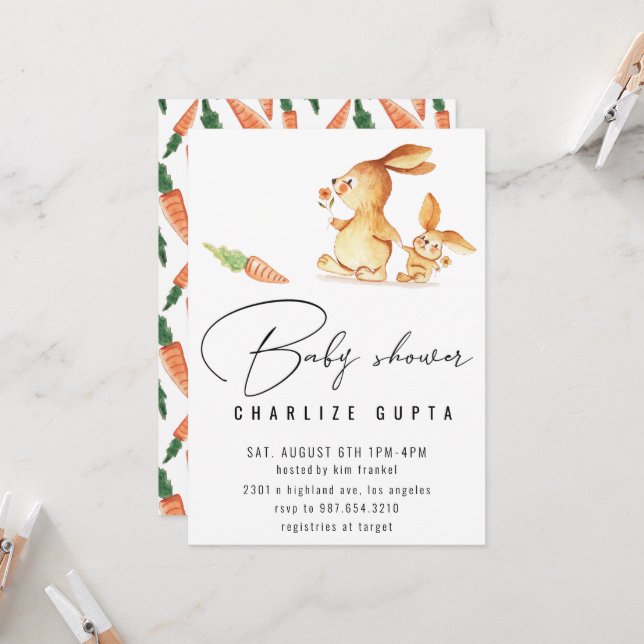 Fleur de carotte de lapin Baby shower Invitation f (Devant/Arrière en situation)