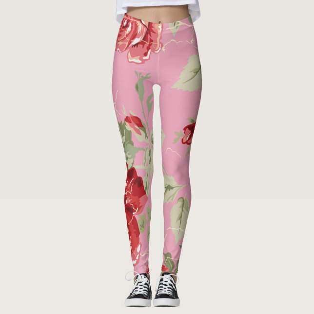 Fleur de cerise rouge floral rose leggings (Devant)