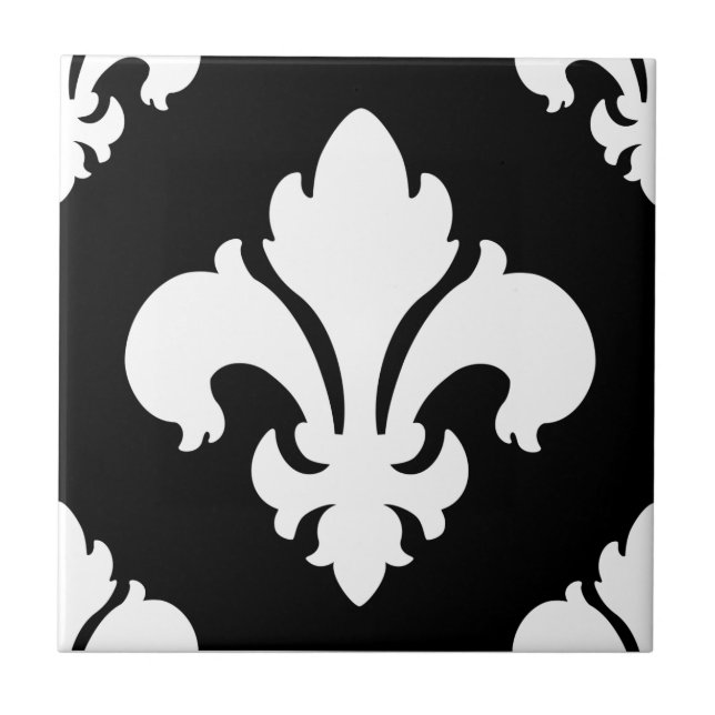 Fleur De Lis 2 Schwarz und Weiß Fliese (Vorderseite)