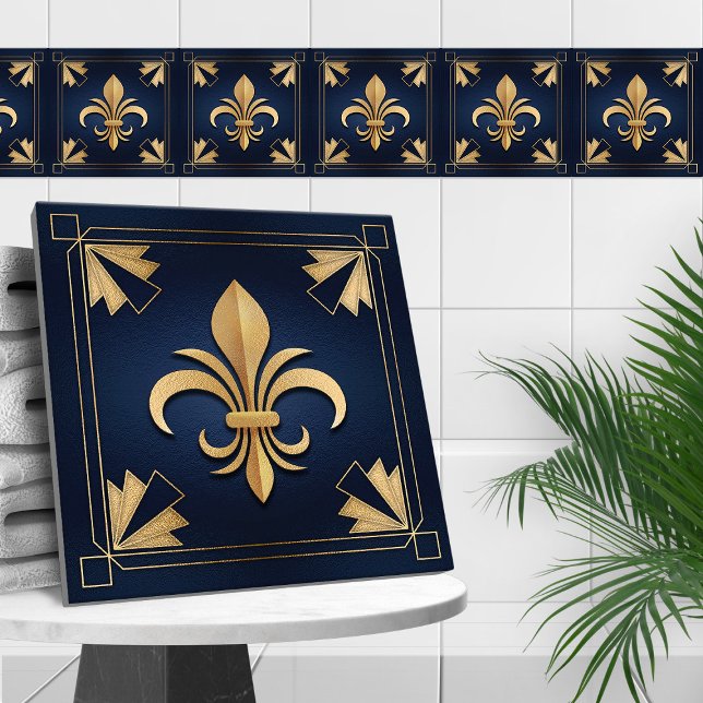 Fleur-De-Lis - Art Deco - Blau und Gold Fliese (Von Creator hochgeladen)