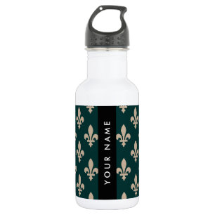 Fleur de Lis, Beige auf Grün, Königlich, Ihr Name Edelstahlflasche