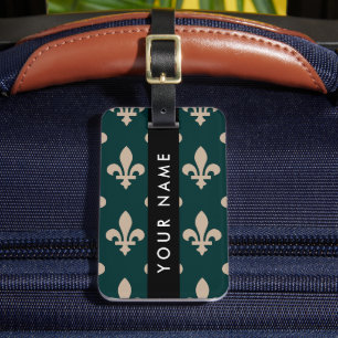 Fleur de Lis, Beige auf Grün, Königlich, Ihr Name Gepäckanhänger