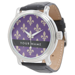 Fleur de Lis, Beige auf Lila, Königlich, Ihr Name Armbanduhr