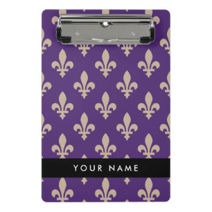 Fleur de Lis, Beige auf Lila, Königlich, Ihr Name Mini Klemmbrett