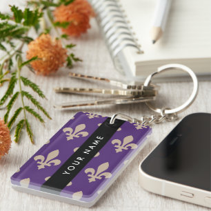 Fleur de Lis, Beige auf Lila, Königlich, Ihr Name Schlüsselanhänger