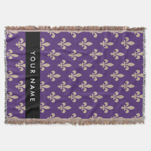 Fleur de Lis, Beige auf Lila, Royal, Ihr Name Decke