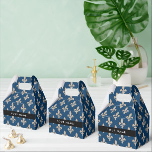 Fleur de Lis, Beige auf Navyblau, Royal, Ihr Name Geschenkschachtel