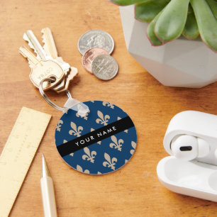 Fleur de Lis, Beige auf Navyblau, Royal, Ihr Name Schlüsselanhänger