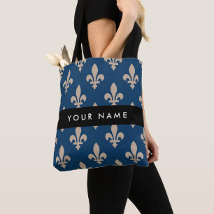 Fleur de Lis, Beige auf Navyblau, Royal, Ihr Name Tasche