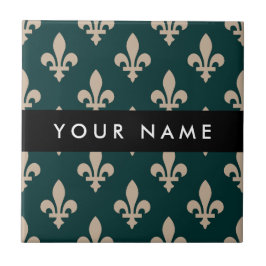 Fleur de Lis, Beige on Green, Royal, Your Name Fliese