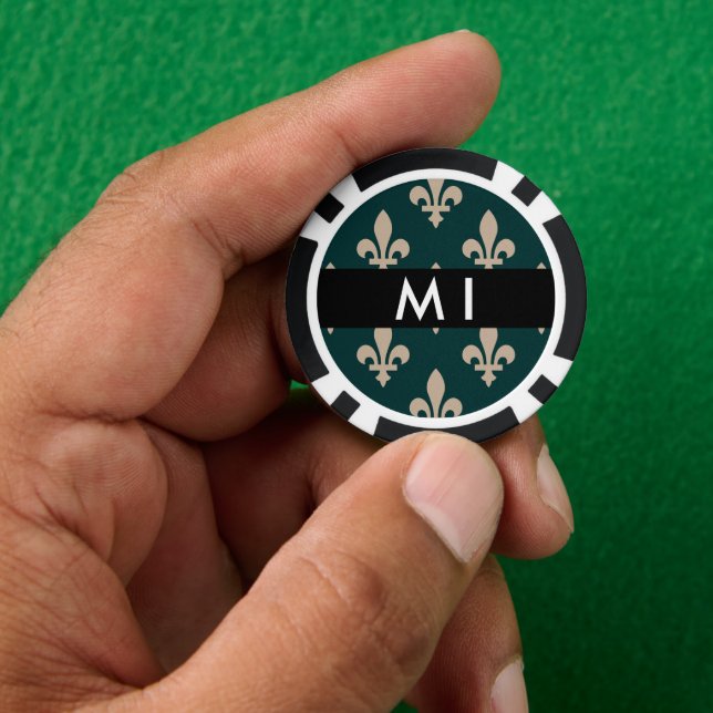 Fleur de Lis, Beige on Green, Royal, Your Name Pokerchips (Hand)