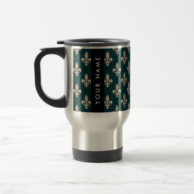 Fleur de Lis, Beige on Green, Royal, Your Name Reisebecher (Links)
