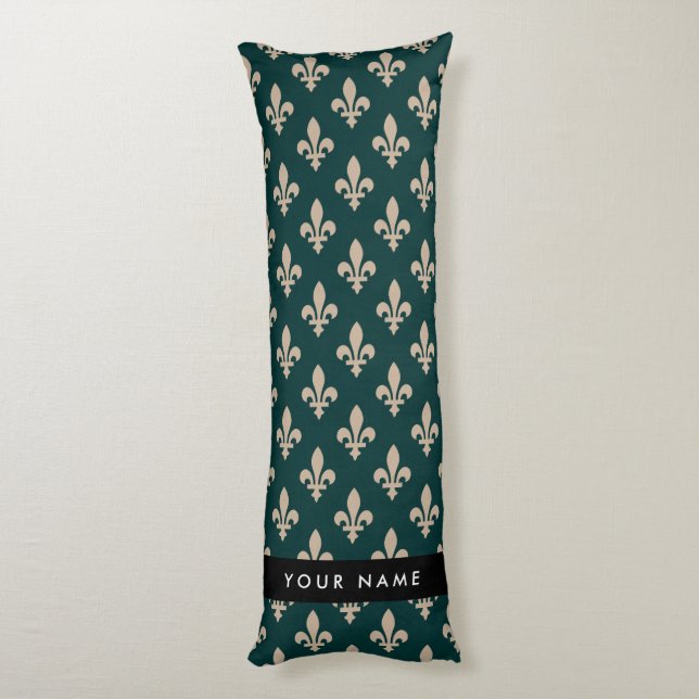 Fleur de Lis, Beige on Green, Royal, Your Name Seitenschläferkissen (Rückseite (Vertikal))