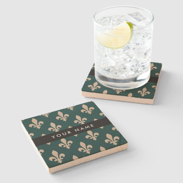 Fleur de Lis, Beige on Green, Royal, Your Name Steinuntersetzer (Seitenansicht)