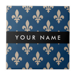 Fleur de Lis, Beige on Navy Blue, Royal, Your Name Fliese