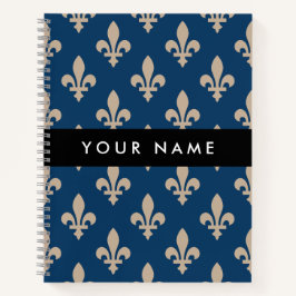 Fleur de Lis, Beige on Navy Blue, Royal, Your Name Notizbuch