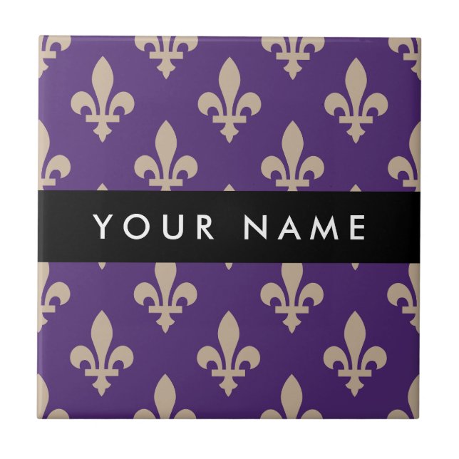 Fleur de Lis, Beige on Purple, Royal, Your Name Fliese (Vorderseite)