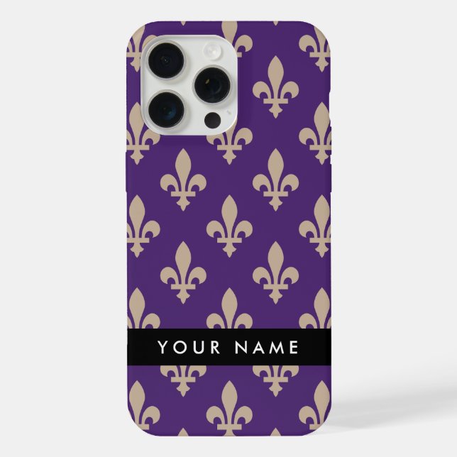Fleur de Lis, Beige on Purple, Royal, Your Name iPhone 15 Pro Max Hülle (Rückseite)