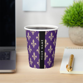 Fleur de Lis, Beige on Purple, Royal, Your Name Pappbecher