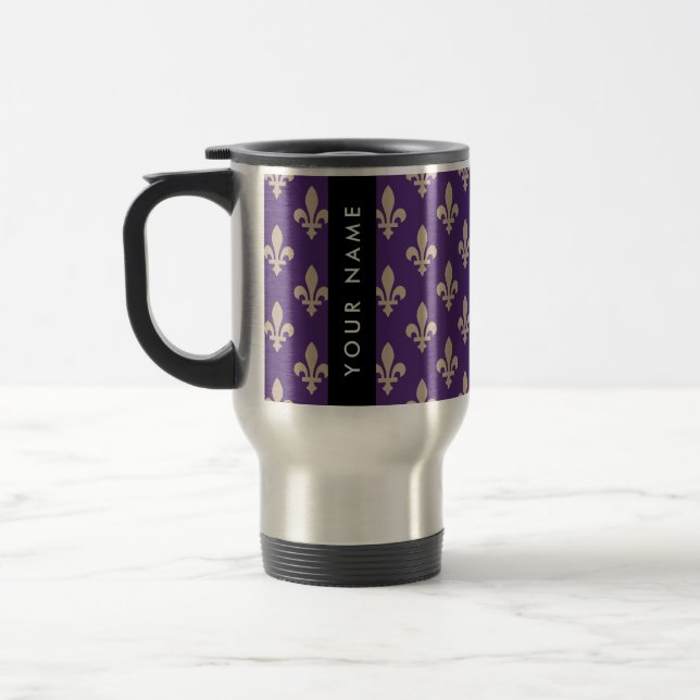 Fleur de Lis, Beige on Purple, Royal, Your Name Reisebecher (Links)
