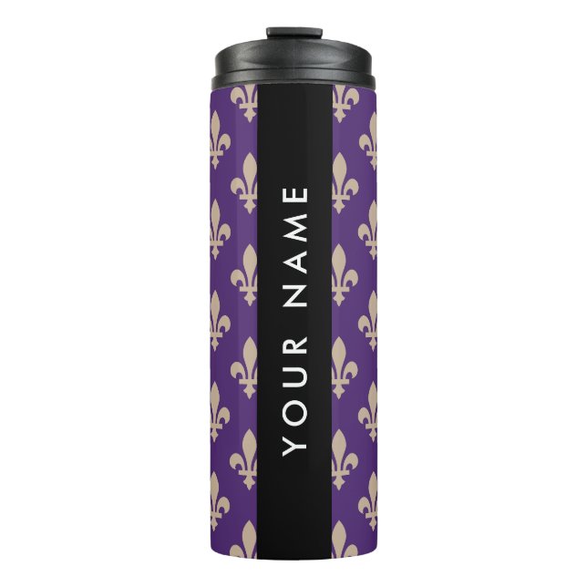 Fleur de Lis, Beige on Purple, Royal, Your Name Thermosbecher (Vorderseite)