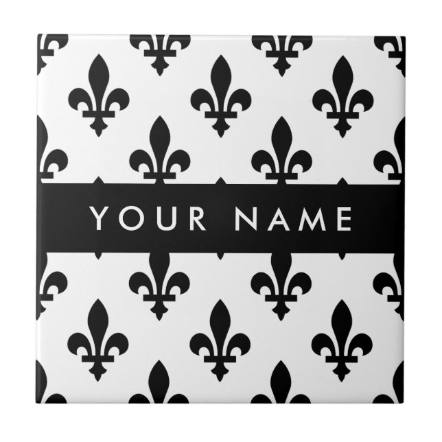 Fleur de Lis, Black on White, Black, Your Name Fliese (Vorderseite)