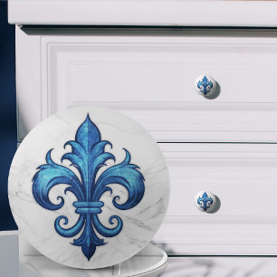 Fleur-De-Lis Blau-weißer Marmor Keramikknauf