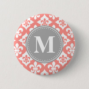 Fleur-De-Lis Coral Pink Gray Monogram Button