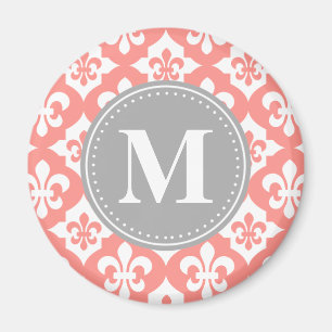 Fleur-De-Lis Coral Pink Gray Monogram Magnet