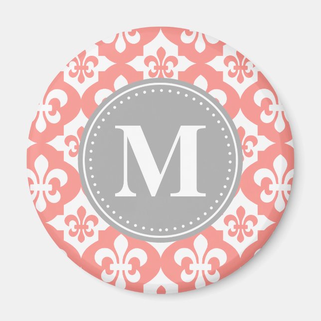 Fleur-De-Lis Coral Pink Gray Monogram Magnet (Vorne)