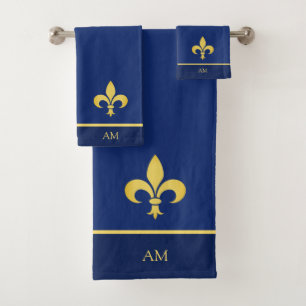 Fleur de Lis dorée & monogramme sur fond bleu mari