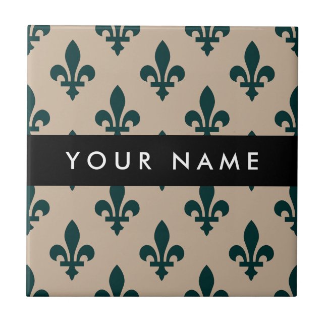 Fleur de Lis, Green on Beige, Royal, Your Name Fliese (Vorderseite)