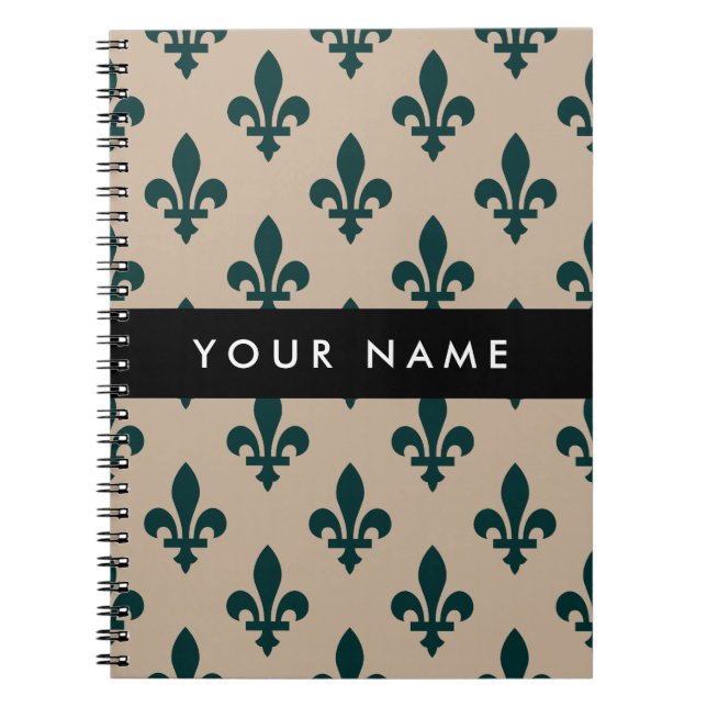 Fleur de Lis, Green on Beige, Royal, Your Name Notizblock (Vorderseite)