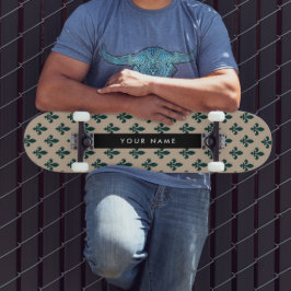 Fleur de Lis, Green on Beige, Royal, Your Name Skateboard