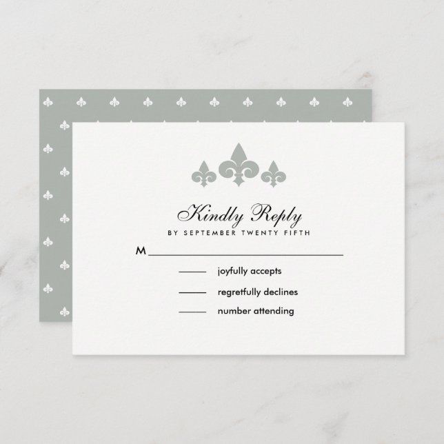 Fleur-de-lis Grey White Wedding RSVP Cards (Vorne/Hinten)